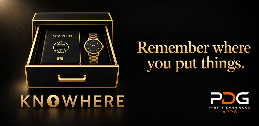 KNOWHERE black-and-gold artwork showing a passport and watch in a drawer
